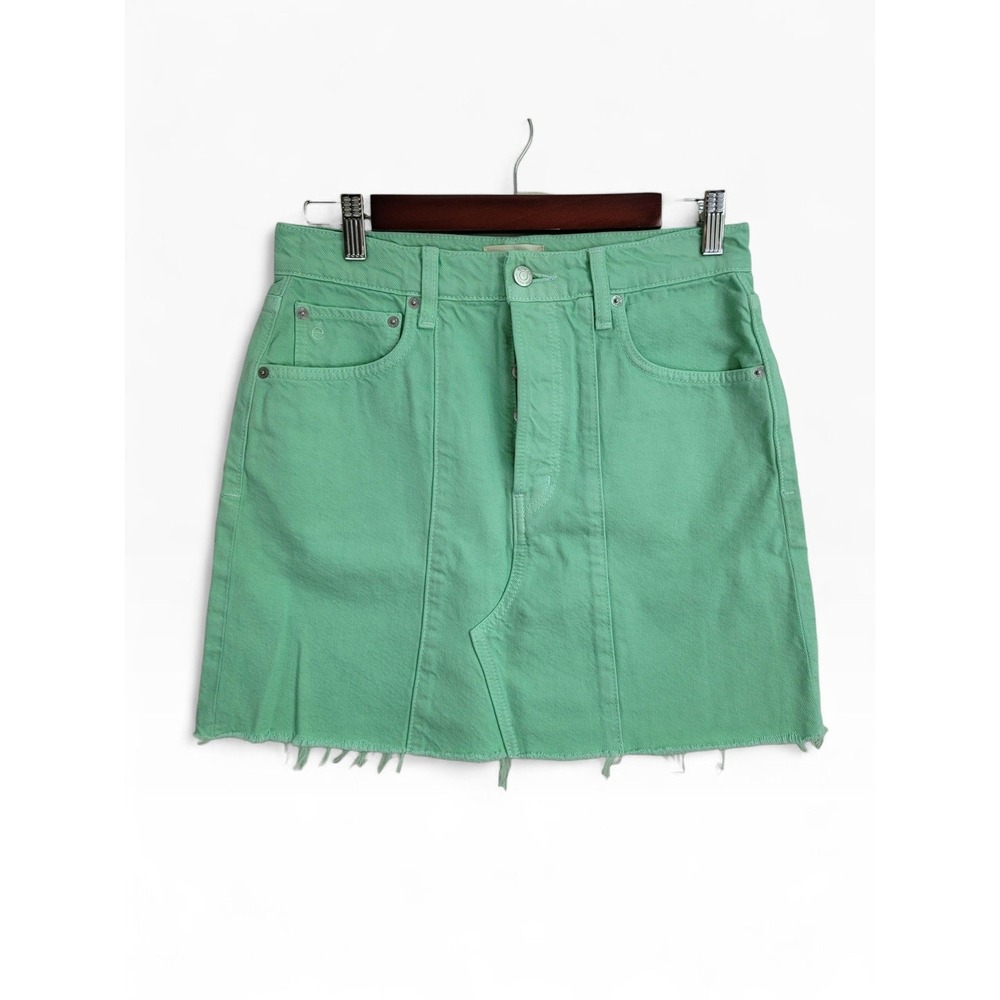 Etica Green Denim Mini Skirt High Rise Button Fly Raw Hem Size 27